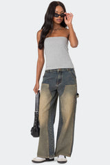 Contrast Panel Washed Mid Rise Baggy Jeans
