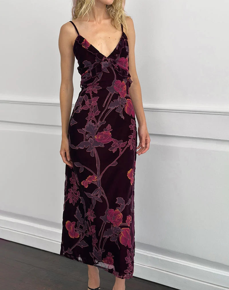Yamira Maxi Dress in Floral Devore Burgundy
